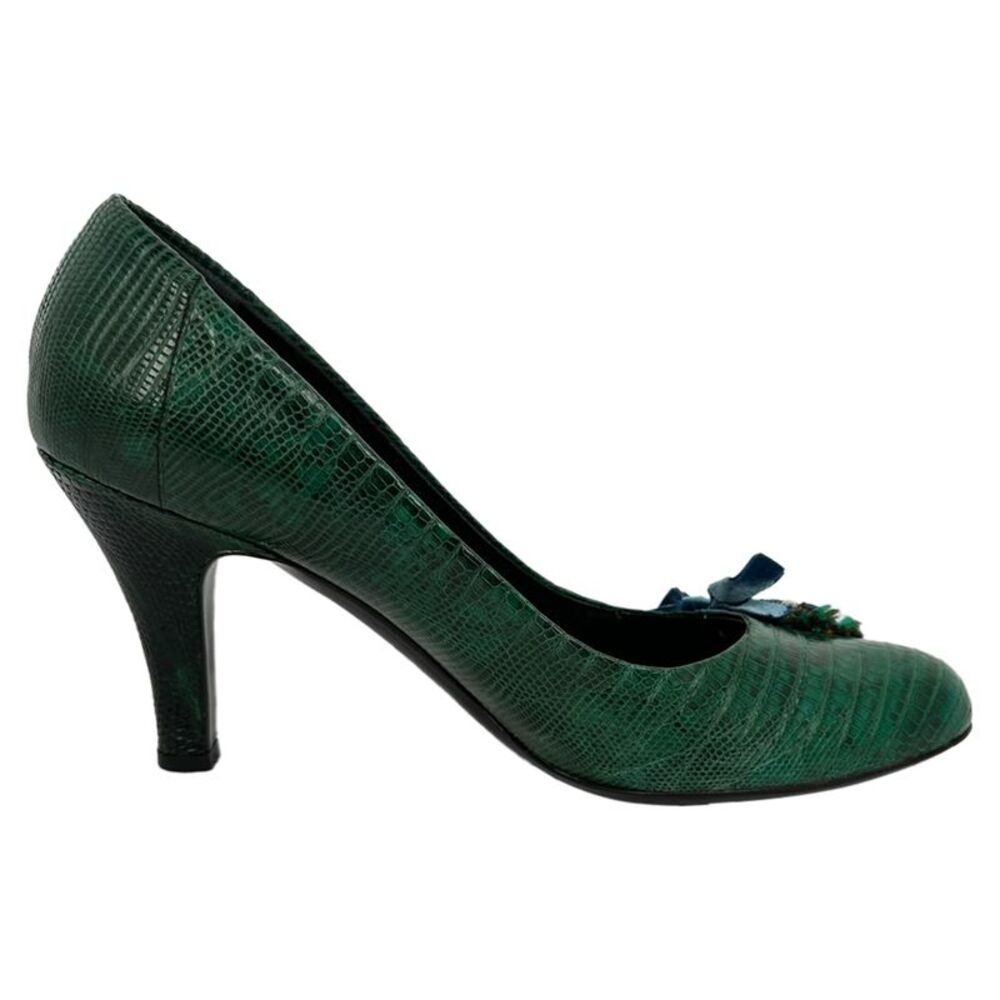 Prada Crystal Embellished Pumps in Green Leather